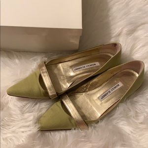 Manolo Blahnik green flats with gold shoes